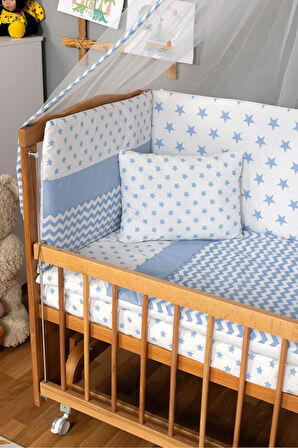 Ahşap Beşik Anne Yanı Beşik (Vernikli) 60x120 - Mavi Yıldız Tek Yastık Uyku Seti+Yatak+Tekerlekli
