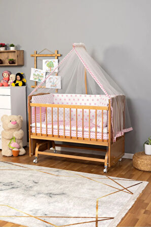 Ahşap Beşik Anne Yanı Beşik (Vernikli) 60x120 - Pembe Yıldız Tek Yastık Uyku Seti+Yatak+Tekerlekli