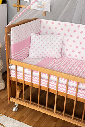 Ahşap Beşik Anne Yanı Beşik (Vernikli) 60x120 - Pembe Yıldız Tek Yastık Uyku Seti+Yatak+Tekerlekli