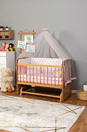 Ahşap Beşik Anne Yanı Beşik (Vernikli) 60x120 - Pembe Yıldız Tek Yastık Uyku Seti + Yatak