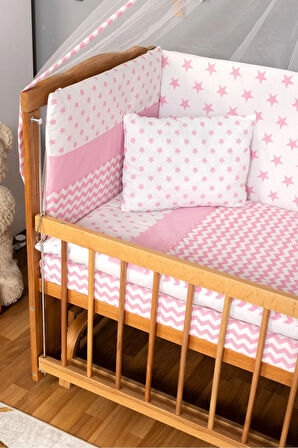 Ahşap Beşik Anne Yanı Beşik (Vernikli) 60x120 - Pembe Yıldız Tek Yastık Uyku Seti + Yatak