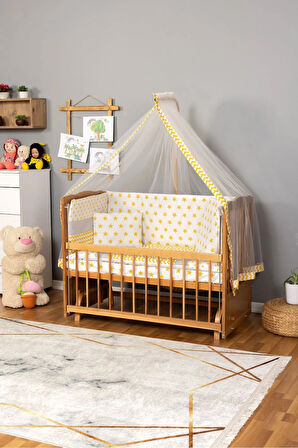 Ahşap Beşik Anne Yanı Beşik (Vernikli) 60x120 - Sarı Yıldız Tek Yastık Uyku Seti + Yatak