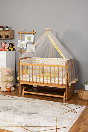 Ahşap Beşik Anne Yanı Beşik (Vernikli) 60x120 - Sarı Yıldız Tek Yastık Uyku Seti + Yatak