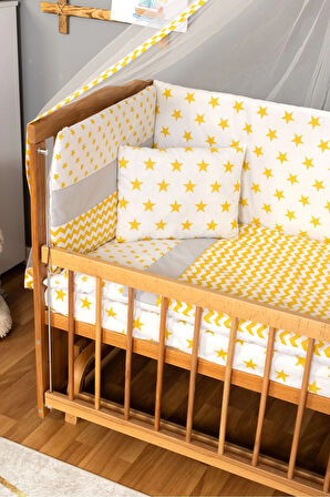 Ahşap Beşik Anne Yanı Beşik (Vernikli) 60x120 - Sarı Yıldız Tek Yastık Uyku Seti + Yatak