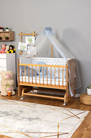 Ahşap Beşik Anne Yanı Beşik (Vernikli) 60x120 - Mavi Yıldız 3 Yastık Uyku Seti + Yatak + Tekerlekli
