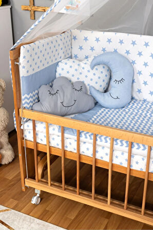Ahşap Beşik Anne Yanı Beşik (Vernikli) 60x120 - Mavi Yıldız 3 Yastık Uyku Seti + Yatak + Tekerlekli