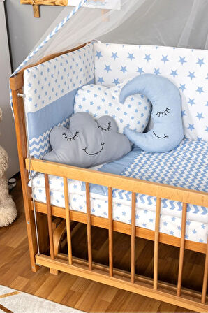 Ahşap Beşik Anne Yanı Beşik (Vernikli) 60x120 - Mavi Yıldız 3 Yastık Uyku Seti + Yatak