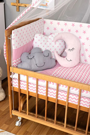 Ahşap Beşik Anne Yanı Beşik (Vernikli) 60x120 - Pembe Yıldız 3 Yastık Uyku Seti + Yatak + Tekerlekli