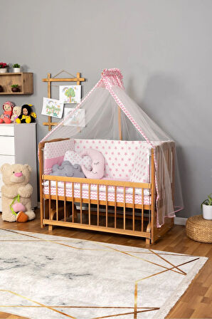 Ahşap Beşik Anne Yanı Beşik (Vernikli) 60x120 - Pembe Yıldız 3 Yastık Uyku Seti + Yatak