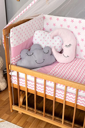 Ahşap Beşik Anne Yanı Beşik (Vernikli) 60x120 - Pembe Yıldız 3 Yastık Uyku Seti + Yatak