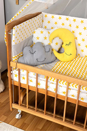 Ahşap Beşik Anne Yanı Beşik (Vernikli) 60x120 - Sarı Yıldız 3 Yastık Uyku Seti + Yatak + Tekerlekli
