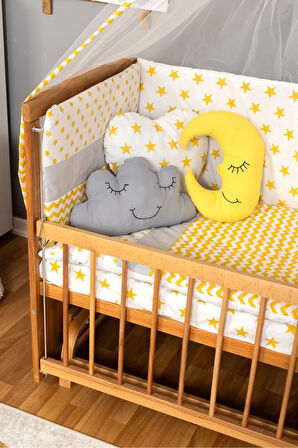 Ahşap Beşik Anne Yanı Beşik (Vernikli) 60x120 - Sarı Yıldız 3 Yastık Uyku Seti + Yatak