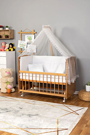 Ahşap Beşik Anne Yanı Beşik (Vernikli) 60x120 - Beyaz Güpür Uyku Seti + Yatak + Tekerlekli