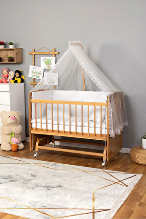 Ahşap Beşik Anne Yanı Beşik (Vernikli) 60x120 - Beyaz Güpür Uyku Seti + Yatak + Tekerlekli