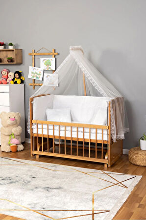 Ahşap Beşik Anne Yanı Beşik (Vernikli) 60x120 - Beyaz Güpür Uyku Seti + Yatak