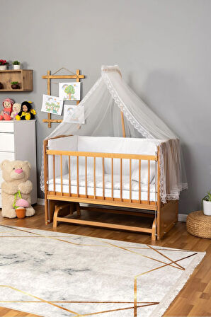 Ahşap Beşik Anne Yanı Beşik (Vernikli) 60x120 - Beyaz Güpür Uyku Seti + Yatak