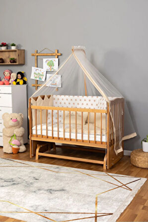 Ahşap Beşik Anne Yanı Beşik (Vernikli) 60x120 - Krem Nakış(Erkek) Uyku Seti + Yatak