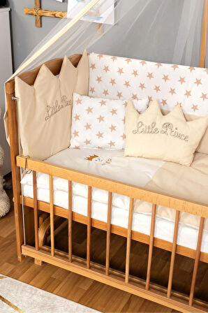 Ahşap Beşik Anne Yanı Beşik (Vernikli) 60x120 - Krem Nakış(Erkek) Uyku Seti + Yatak