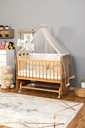 Ahşap Beşik Anne Yanı Beşik (Vernikli) 60x120 - Krem Nakış(Yazısız) Uyku Seti + Yatak + Tekerlekli