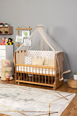 Ahşap Beşik Anne Yanı Beşik (Vernikli) 60x120 - Krem Nakış(Yazısız) Uyku Seti + Yatak