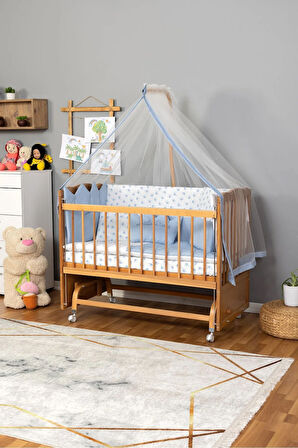 Ahşap Beşik Anne Yanı Beşik (Vernikli) 60x120 - Mavi Nakış Uyku Seti + Yatak + Tekerlekli