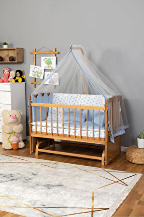 Ahşap Beşik Anne Yanı Beşik (Vernikli) 60x120 - Mavi Nakış Uyku Seti + Yatak