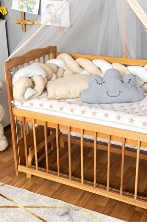 Ahşap Beşik Anne Yanı Beşik Vernikli 60x120 - Krem Beyaz Örgü Uyku Seti Seti + Yatak