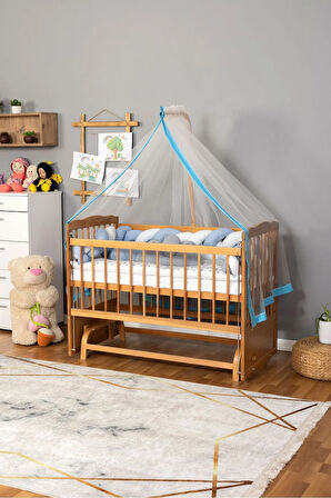 Ahşap Beşik Anne Yanı Beşik Vernikli 60x120 - Mavi Beyaz Örgü Uyku Seti Seti + Yatak
