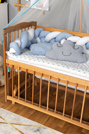 Ahşap Beşik Anne Yanı Beşik Vernikli 60x120 - Mavi Beyaz Örgü Uyku Seti Seti + Yatak