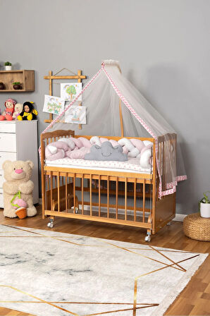 Ahşap Beşik Anne Yanı Beşik Vernikli 60x120 - Pembe Beyaz Örgü Uyku Seti Seti + Yatak + Tekerlekli