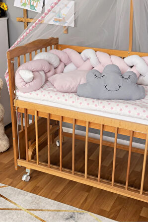 Ahşap Beşik Anne Yanı Beşik Vernikli 60x120 - Pembe Beyaz Örgü Uyku Seti Seti + Yatak + Tekerlekli