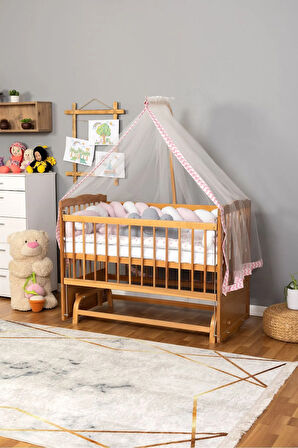 Ahşap Beşik Anne Yanı Beşik Vernikli 60x120 - Pembe Beyaz Örgü Uyku Seti Seti + Yatak