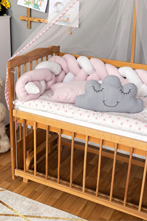 Ahşap Beşik Anne Yanı Beşik Vernikli 60x120 - Pembe Beyaz Örgü Uyku Seti Seti + Yatak