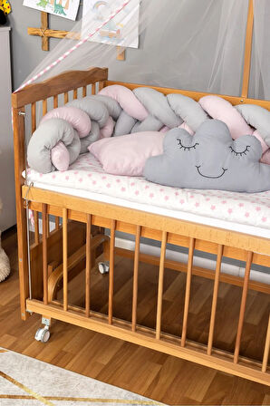 Ahşap Beşik Anne Yanı Beşik Vernikli 60x120 - Pembe Gri Örgü Uyku Seti Seti + Yatak + Tekerlekli