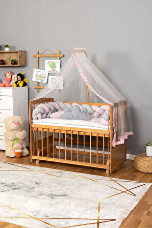 Ahşap Beşik Anne Yanı Beşik Vernikli 60x120 - Pembe Gri Örgü Uyku Seti Seti + Yatak