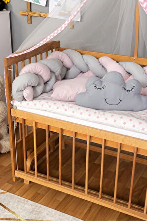 Ahşap Beşik Anne Yanı Beşik Vernikli 60x120 - Pembe Gri Örgü Uyku Seti Seti + Yatak