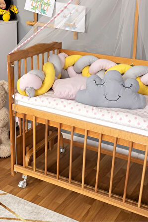 Ahşap Beşik Anne Yanı Beşik Vernikli 60x120 - Pembe Sarı Örgü Uyku Seti Seti + Yatak + Tekerlekli