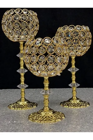  Kristal Taşlı Ayaklı Gold Şamdan 3'lü Set