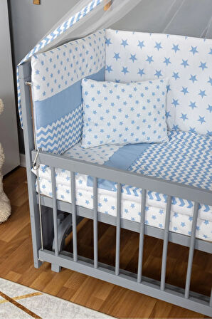 Ahşap Beşik Anne Yanı Beşik Gri 60x120 - Mavi Yıldız Tek Yastık Uyku Seti + Yatak