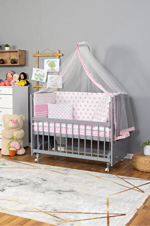 Ahşap Beşik Anne Yanı Beşik Gri 60x120 - Pembe Yıldız Tek Yastık Uyku Seti + Yatak + Tekerlekli