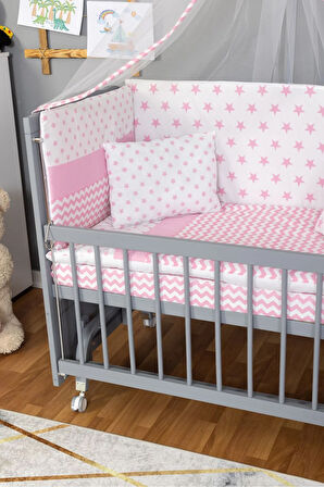 Ahşap Beşik Anne Yanı Beşik Gri 60x120 - Pembe Yıldız Tek Yastık Uyku Seti + Yatak + Tekerlekli