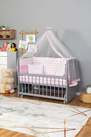 Ahşap Beşik Anne Yanı Beşik Gri 60x120 - Pembe Yıldız Tek Yastık Uyku Seti + Yatak