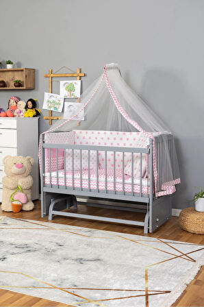 Ahşap Beşik Anne Yanı Beşik Gri 60x120 - Pembe Yıldız Tek Yastık Uyku Seti + Yatak