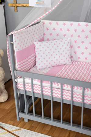 Ahşap Beşik Anne Yanı Beşik Gri 60x120 - Pembe Yıldız Tek Yastık Uyku Seti + Yatak