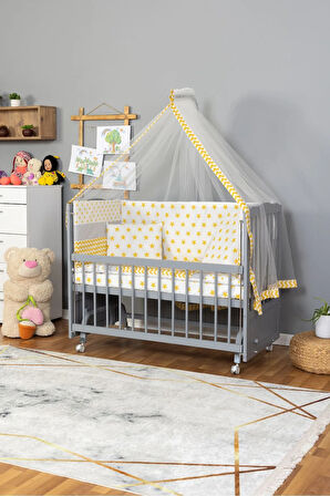 Ahşap Beşik Anne Yanı Beşik Gri 60x120 - Sarı Yıldız Tek Yastık Uyku Seti + Yatak + Tekerlekli