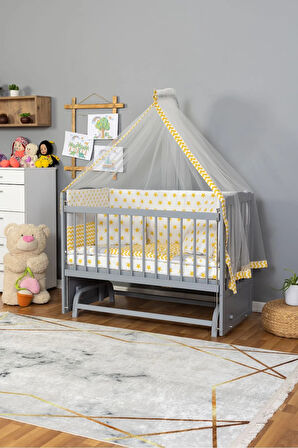 Ahşap Beşik Anne Yanı Beşik Gri 60x120 - Sarı Yıldız Tek Yastık Uyku Seti + Yatak