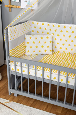 Ahşap Beşik Anne Yanı Beşik Gri 60x120 - Sarı Yıldız Tek Yastık Uyku Seti + Yatak