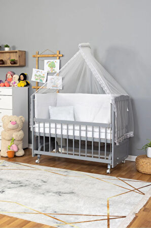 Ahşap Beşik Anne Yanı Beşik Gri 60x120 - Beyaz Güpür Uyku Seti + Yatak + Tekerlekli