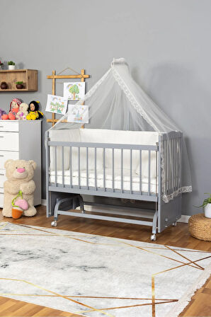 Ahşap Beşik Anne Yanı Beşik Gri 60x120 - Krem Güpür Uyku Seti + Yatak + Tekerlekli