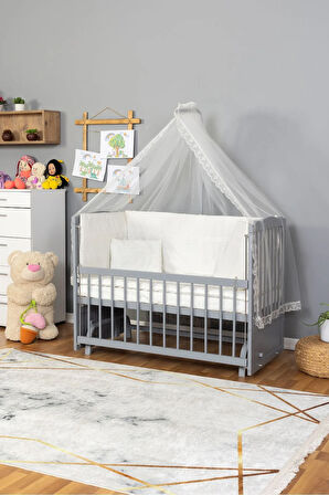 Ahşap Beşik Anne Yanı Beşik Gri 60x120 - Krem Güpür Uyku Seti + Yatak